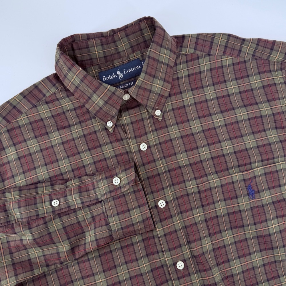 Ralph Lauren Mens Classic‎ Fit Plaid Button Down Shirt Medium Maroon Green